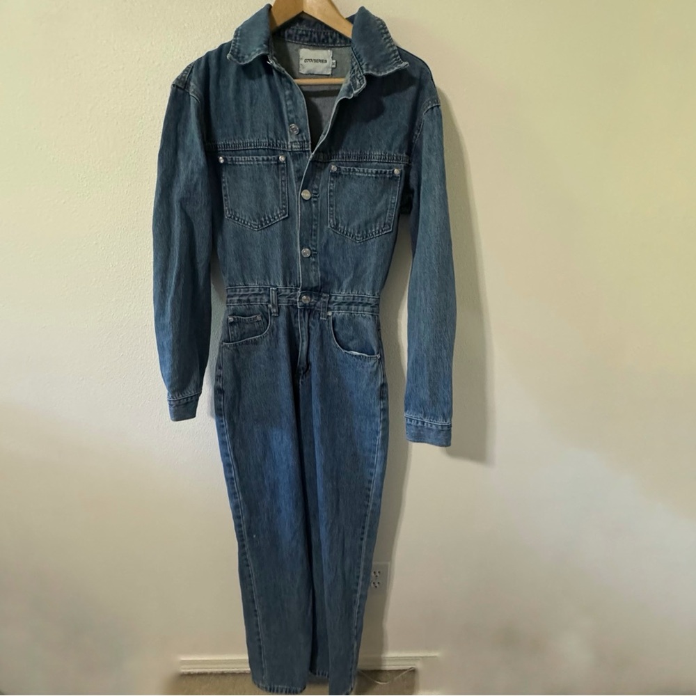 Vintage Denim Long Sleeve Utility Jumpsuit 0717/Series Blue Playsuit-Small